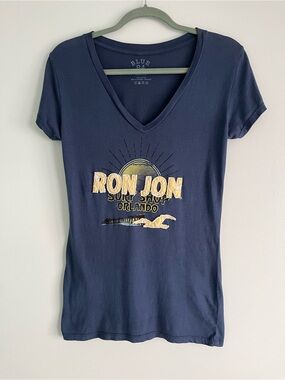 Y2K Beach Appliqué Ron Jon Surf Shop Orlando Navy V-Neck Cotton Tee Surfer Top